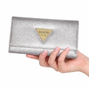 GUESS New metallic silver trifold wallet with gold triangle logo plaque Medium